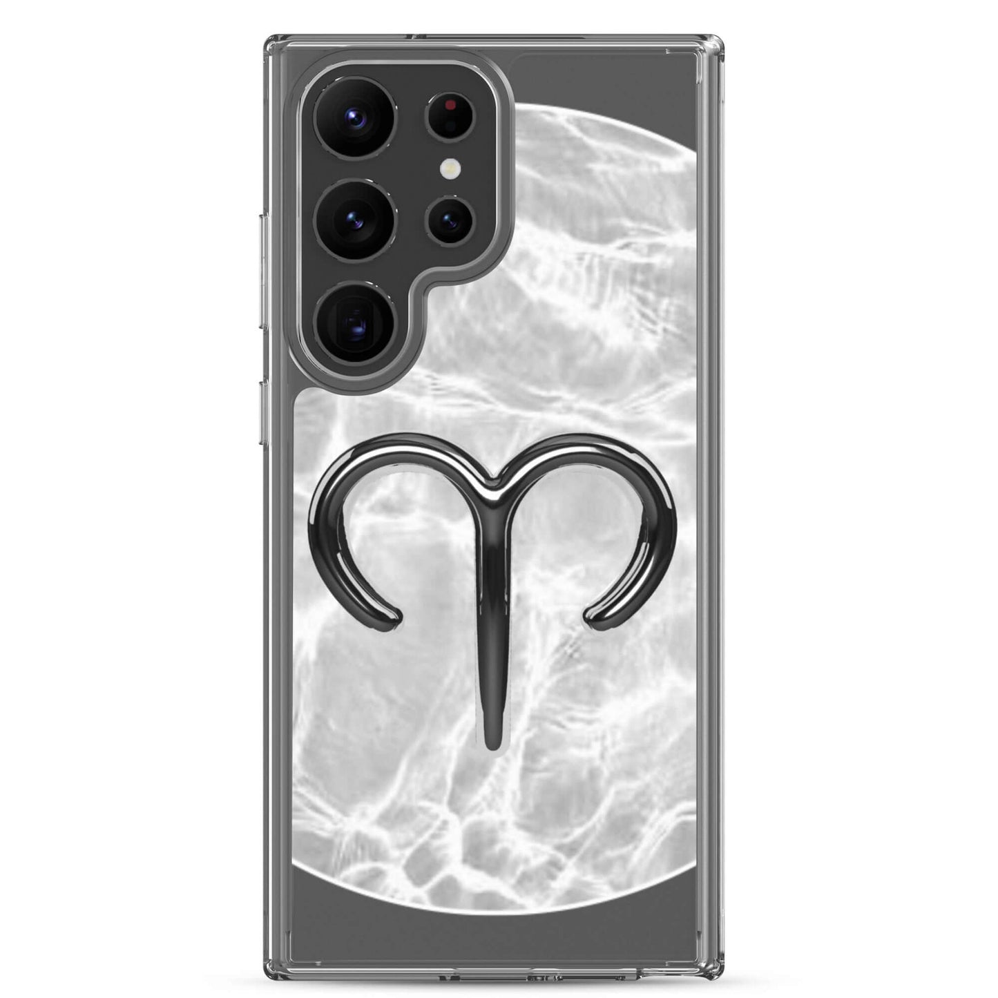Zodiac Aries Samsung Phone Case with a bold ram design and ripple marble finish in silver and gray.