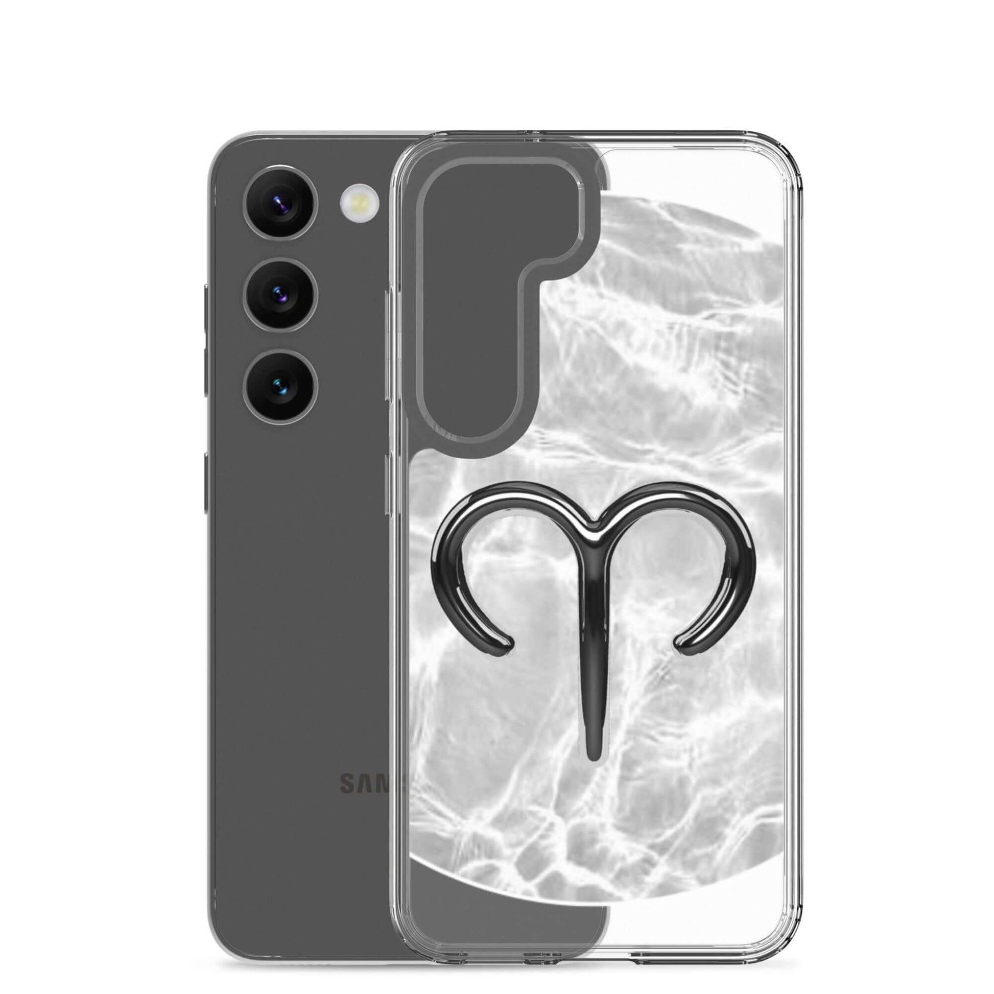 Zodiac Aries Samsung Phone Case with ripple marble finish and bold ram symbol, perfect for stylish protection.