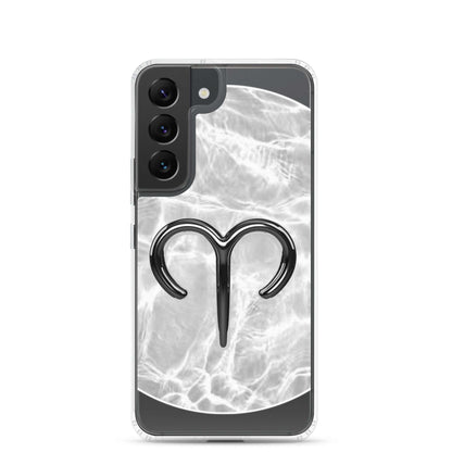 Samsung phone case featuring a bold Aries ram symbol on a ripple marble finish in silver and gray.
