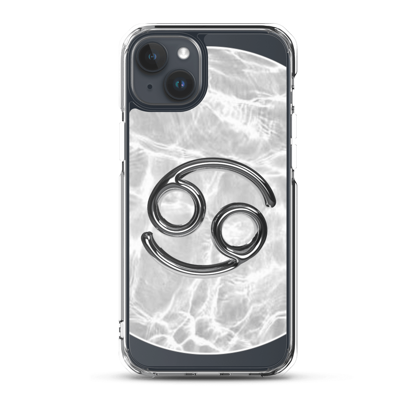 Zodiac Cancer Magsafe clear iPhone case with metallic design on marble ripple background.