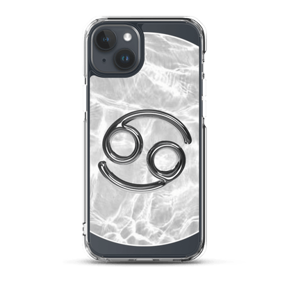 Zodiac Cancer Magsafe clear iPhone case with metallic design on marble ripple background.