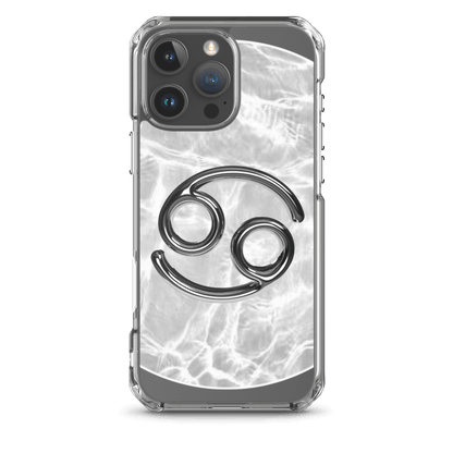 Zodiac Cancer Magsafe Clear iPhone Case with metallic design over marble-inspired backdrop.
