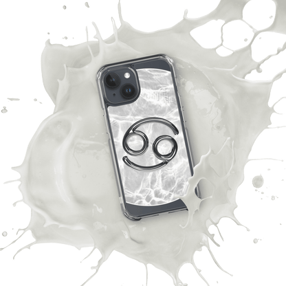 Zodiac Cancer Magsafe clear iPhone case in marble metallic design with splash effect background.