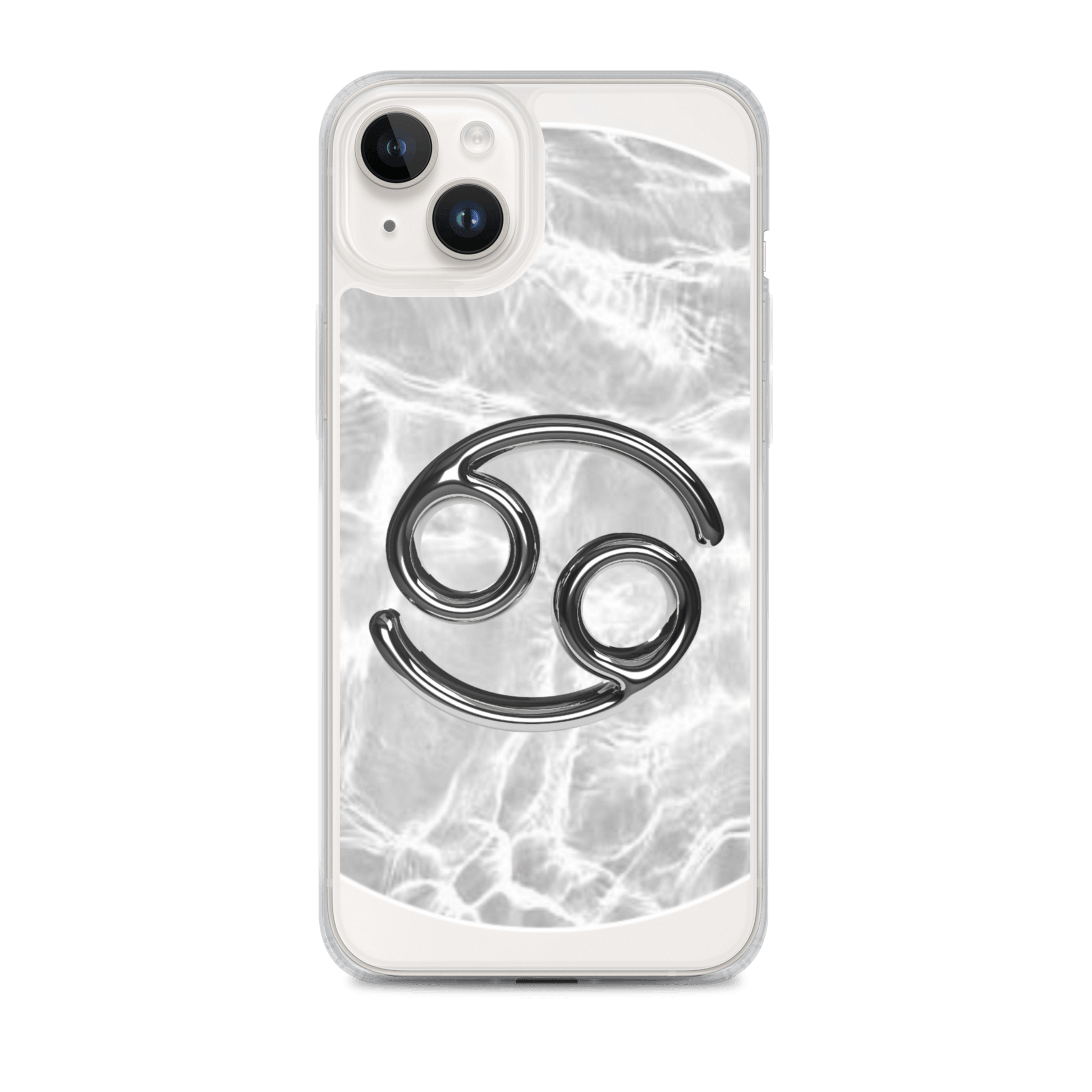 Zodiac Cancer Magsafe clear iPhone case with metallic design on marble background for cosmic protection.