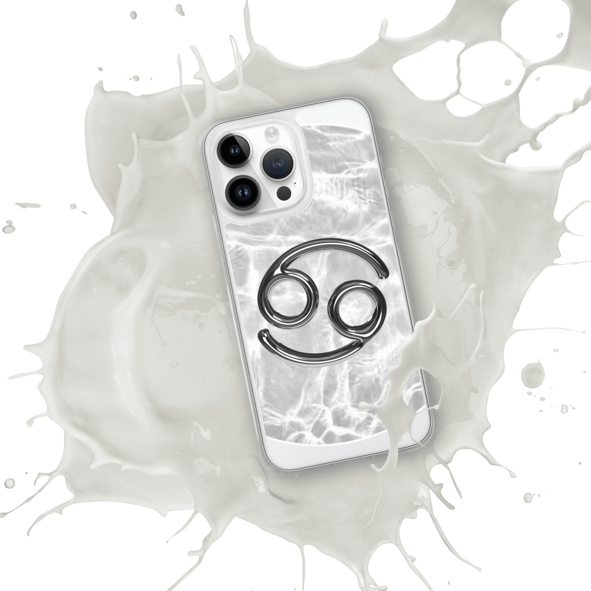Zodiac Cancer iPhone case with marble metallic design on a splash background, showcasing cosmic style and protection.