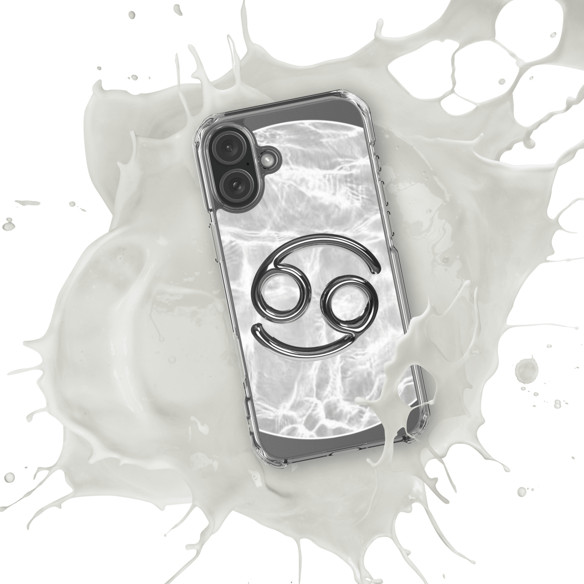 Clear iPhone case with Cancer zodiac design on a splash background, combining style and protection.