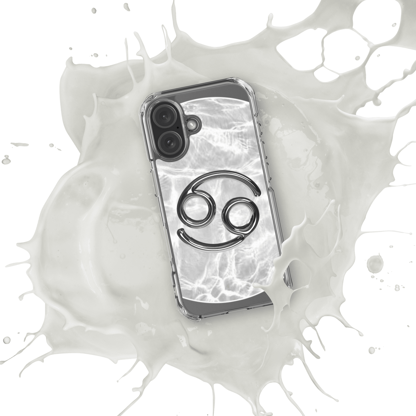 Clear iPhone case with Zodiac Cancer metallic design on a marble-inspired background, splashing in white liquid.
