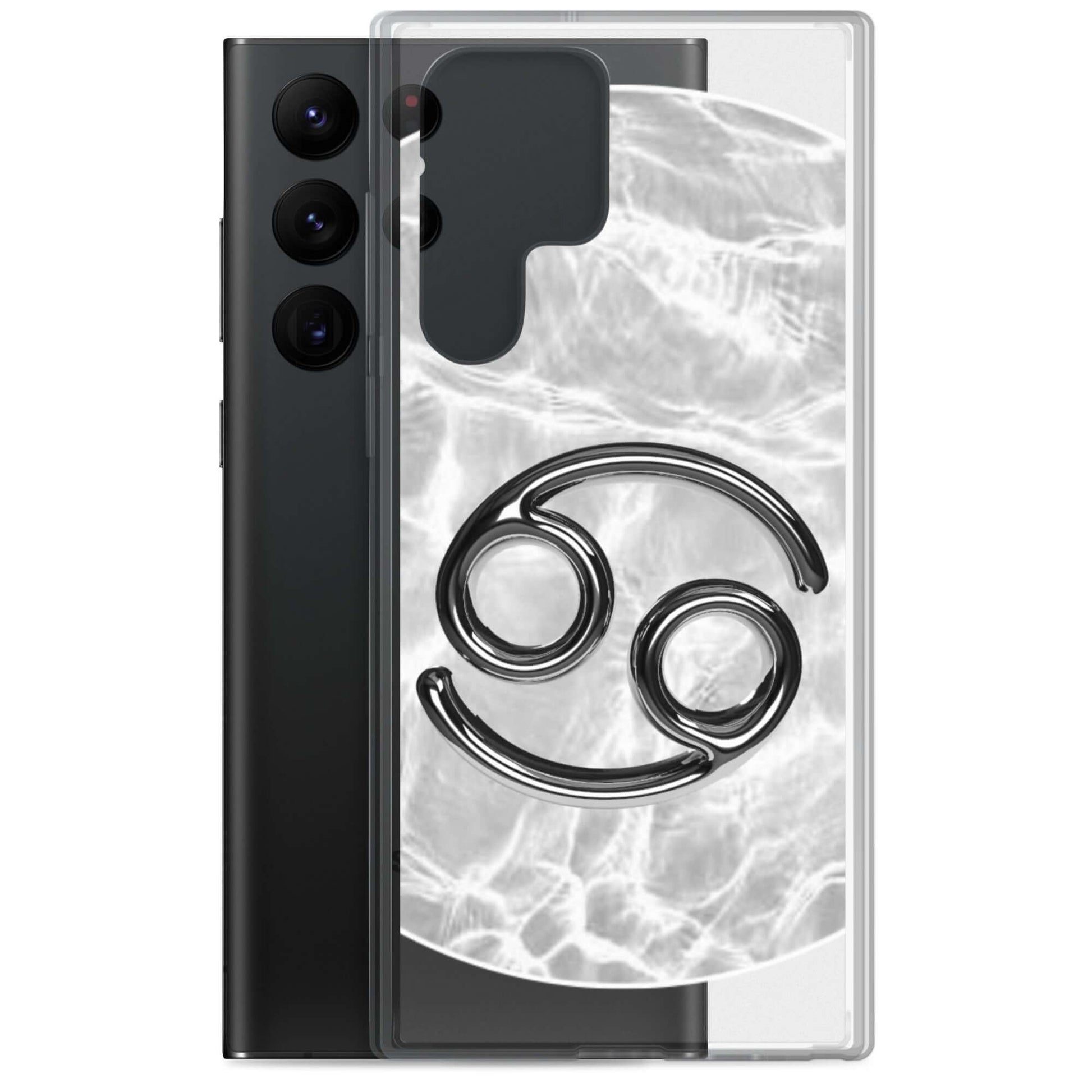 Zodiac Cancer Samsung Phone Case featuring moonstone ripple marble design and intuitive crab symbol.