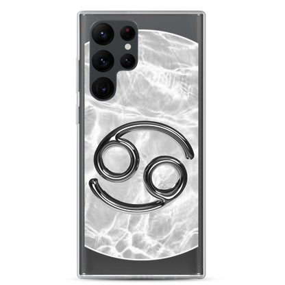 Zodiac Cancer Samsung phone case featuring a ripple marble design in moonstone white and a sleek crab symbol.