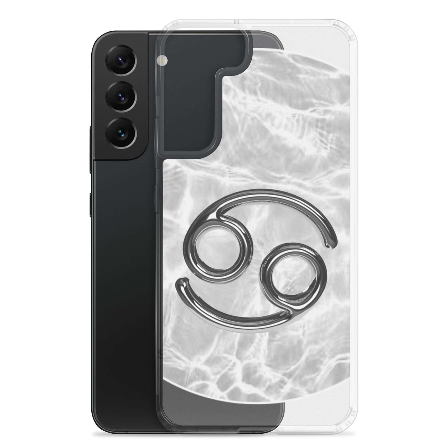 Zodiac Cancer Samsung phone case featuring moonstone ripple marble design with a sleek black phone peeking through.