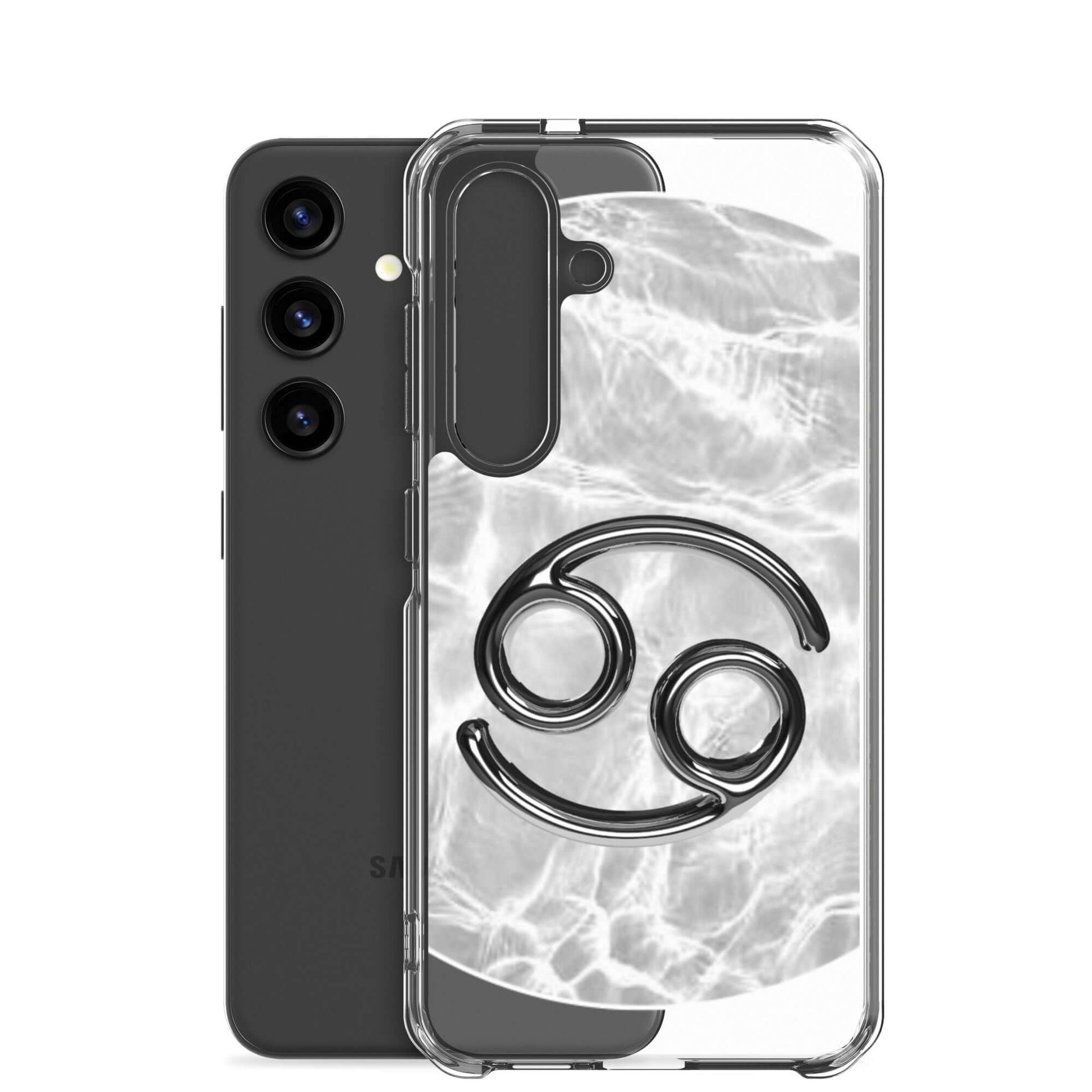 Zodiac Cancer Samsung Phone Case with moonstone ripple marble design, featuring intuitive crab symbol.