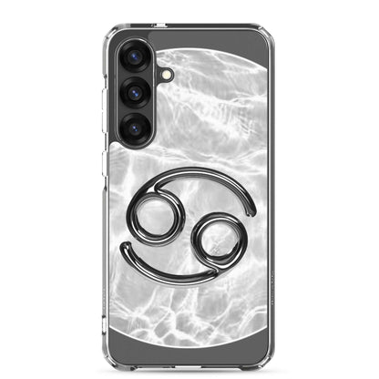 Zodiac Cancer Samsung Phone Case with moonstone ripple marble design and black crab symbol.