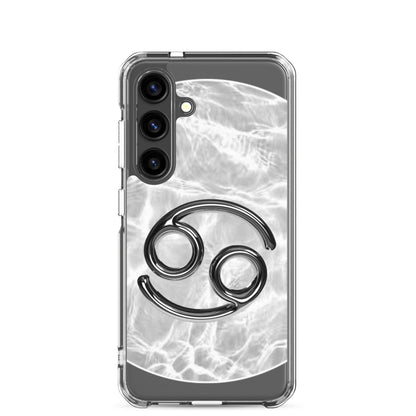 Zodiac Cancer Samsung Phone Case with moonstone ripple marble design, featuring the Cancer symbol in black.