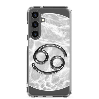 Zodiac Cancer Samsung Phone Case featuring moonstone ripple marble design and intuitive crab symbol.