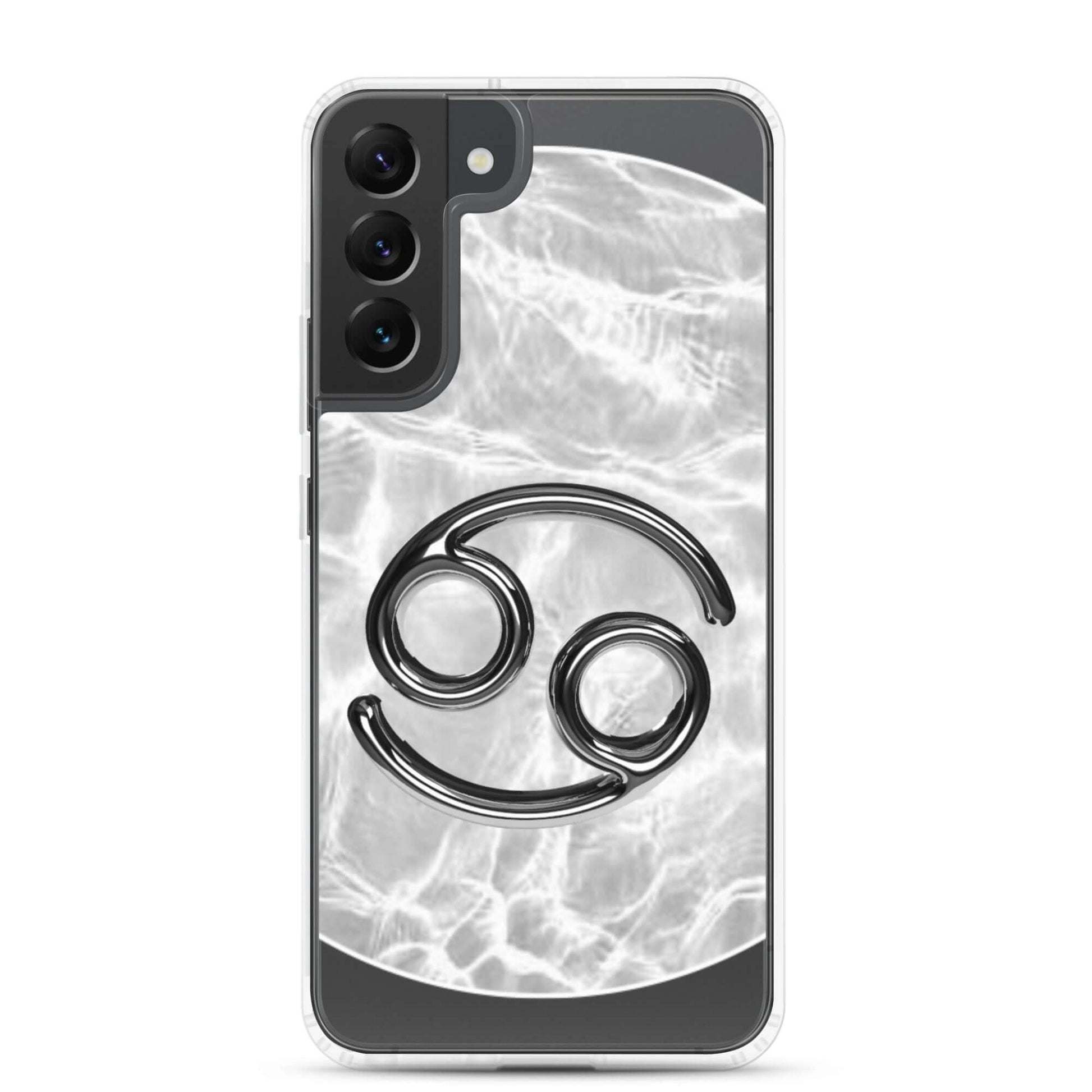 Zodiac Cancer Samsung Phone Case with moonstone ripple marble design, featuring a black Cancer symbol.