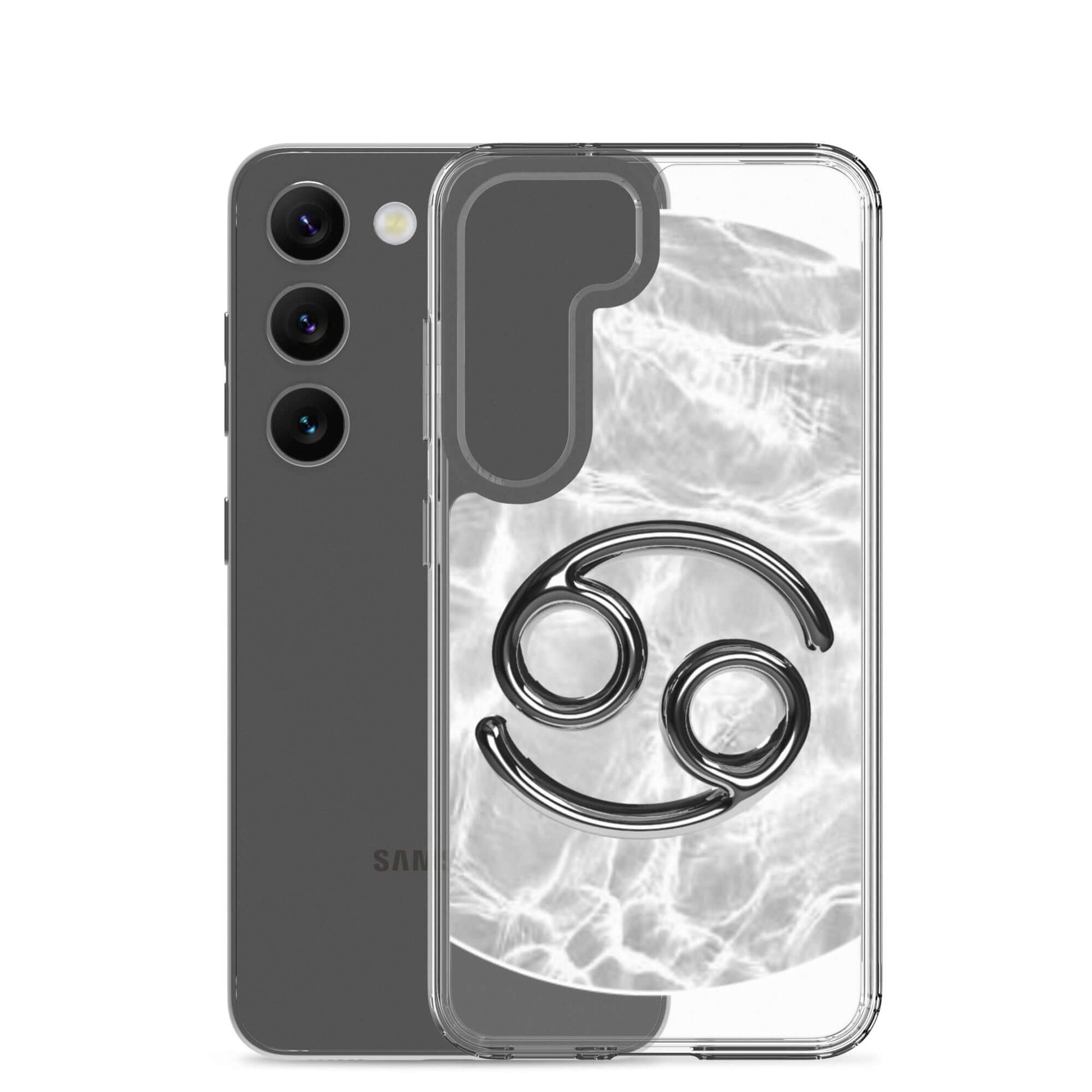 Zodiac Cancer Samsung Phone Case with moonstone ripple marble design, showcasing the Cancer symbol.
