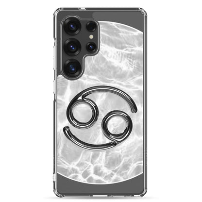 Zodiac Cancer Samsung phone case with moonstone ripple marble design, featuring a sleek, protective polycarbonate finish.