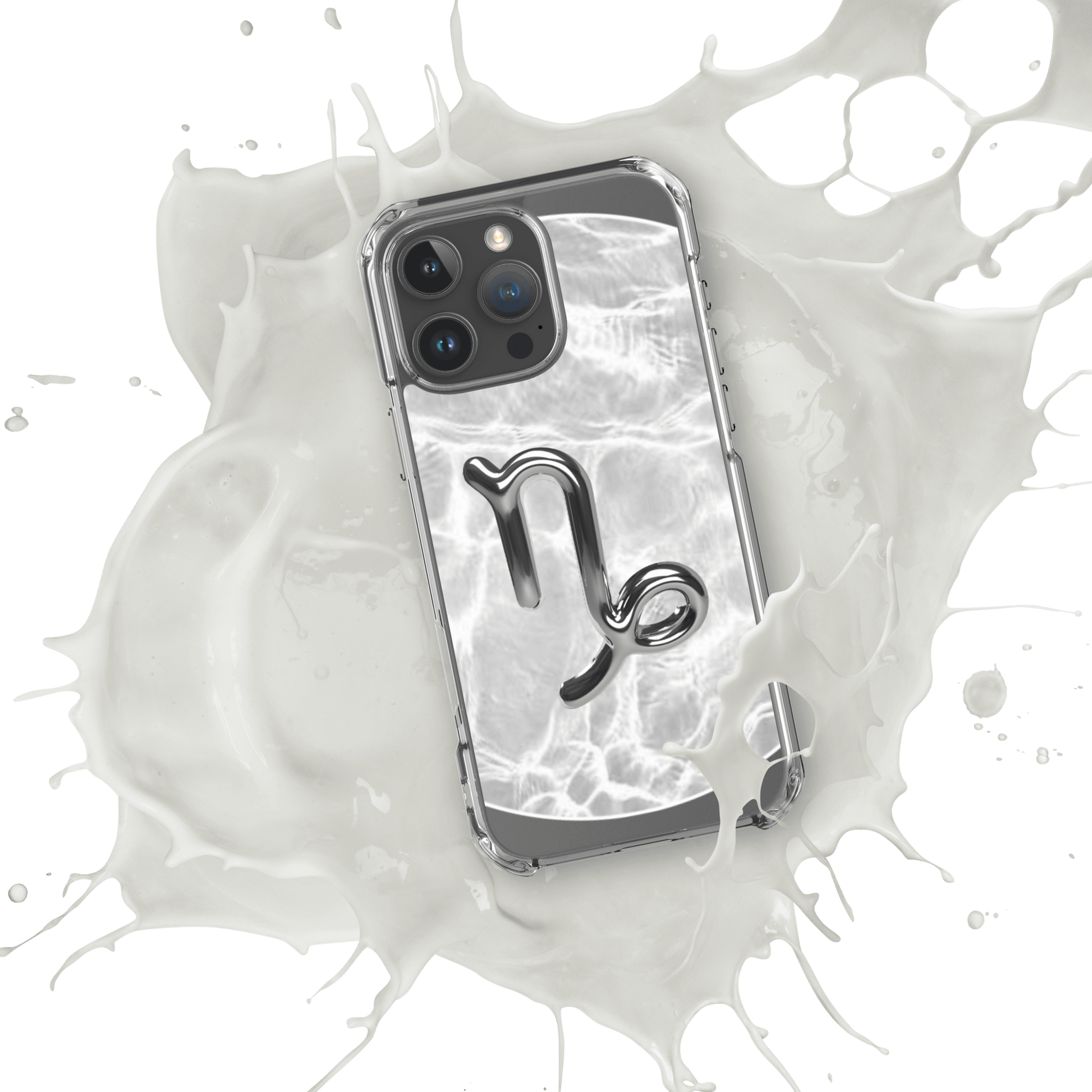 Zodiac Capricorn Magsafe clear iPhone case with metallic design in water splash, showcasing stylish durability.
