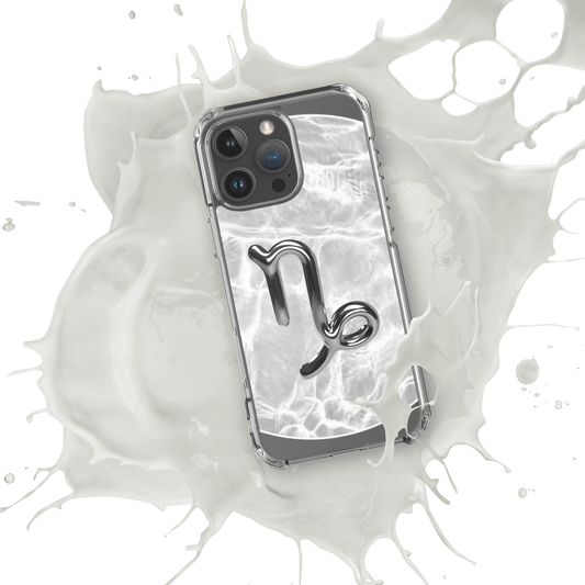Zodiac Capricorn Magsafe clear iPhone case with metallic design in water splash, showcasing stylish durability.