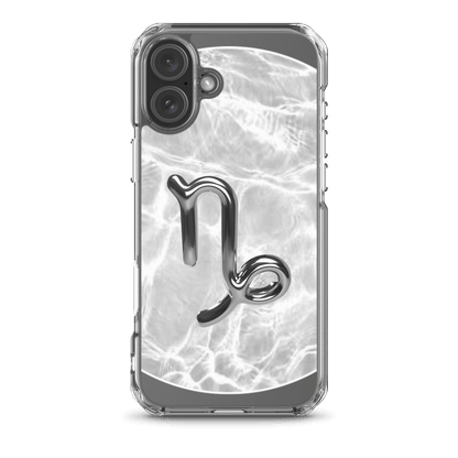 Zodiac Capricorn MagSafe clear iPhone case with metallic design over marble pattern, offering stylish phone protection.