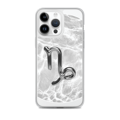 Zodiac Capricorn Magsafe clear iPhone case with metallic design over marble-inspired texture.