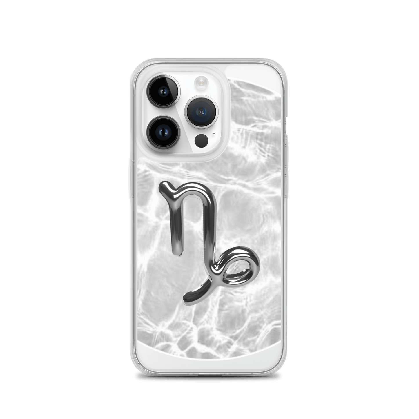 Zodiac Capricorn MagSafe clear iPhone case with metallic design over marble pattern, sleek and stylish for protection.