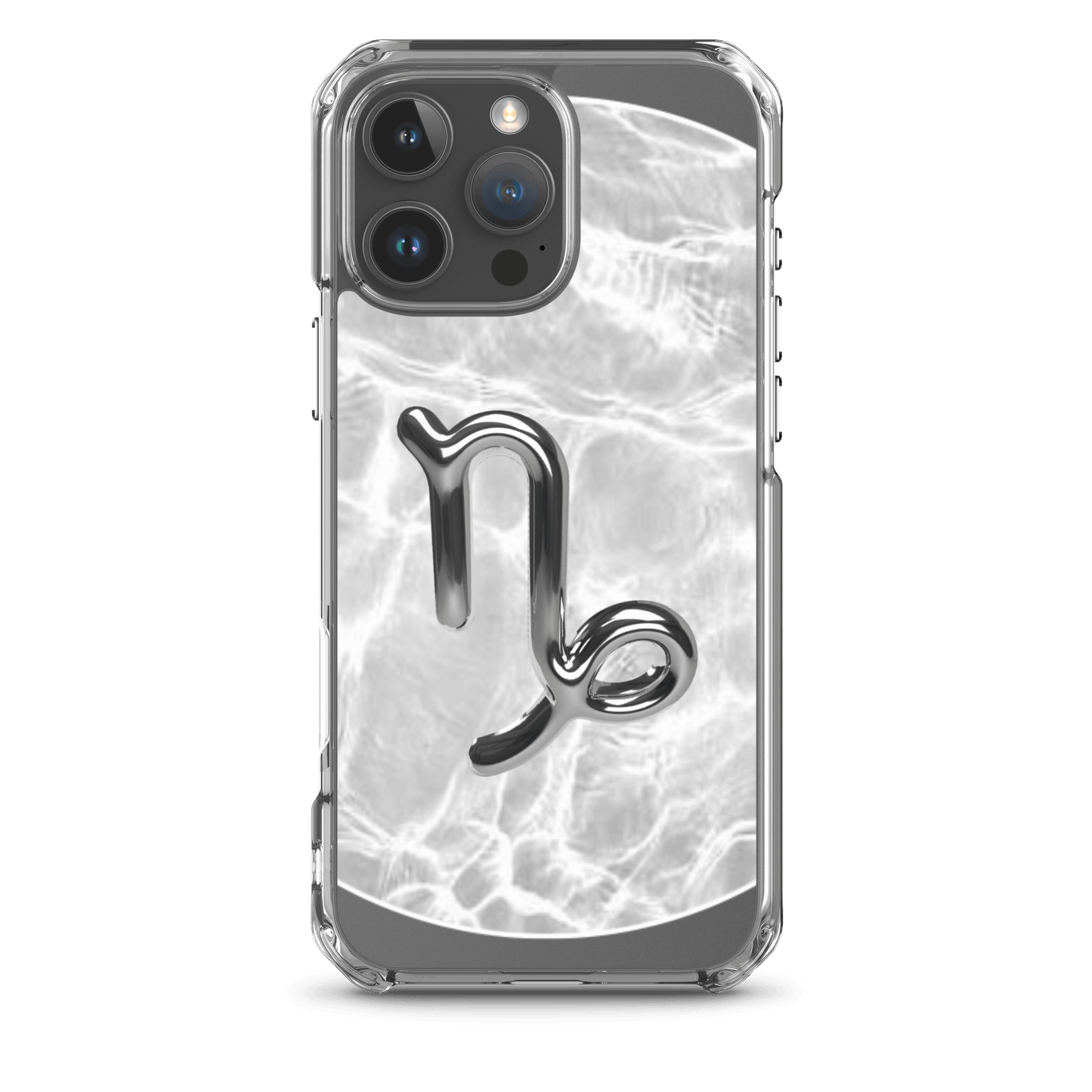 Zodiac Capricorn MagSafe clear iPhone case with metallic design over marble texture, sleek and stylish protection.