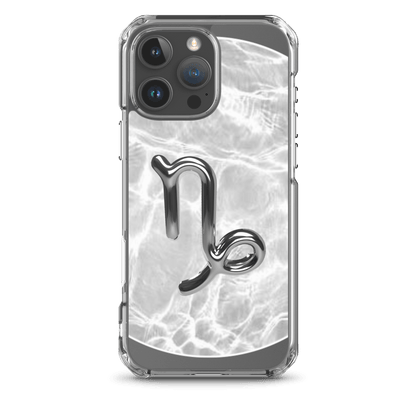Zodiac Capricorn MagSafe clear iPhone case with metallic design over marble texture, sleek and stylish protection.