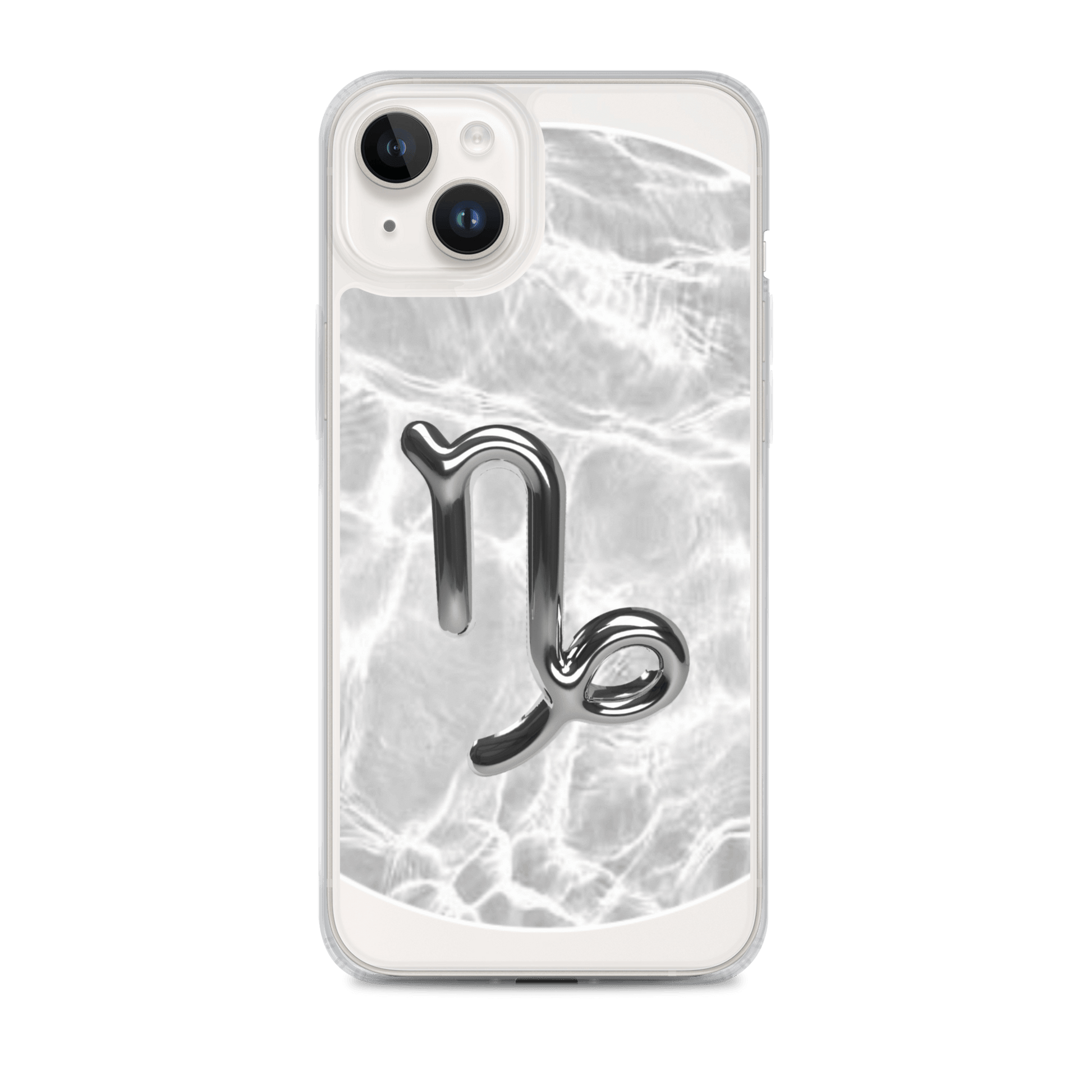 Zodiac Capricorn Magsafe clear iPhone case featuring a metallic design on a marble-inspired background.