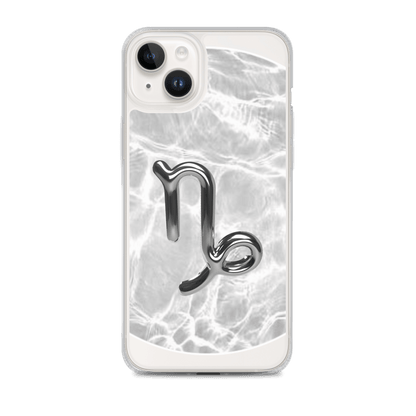 Zodiac Capricorn Magsafe clear iPhone case featuring a metallic design on a marble-inspired background.