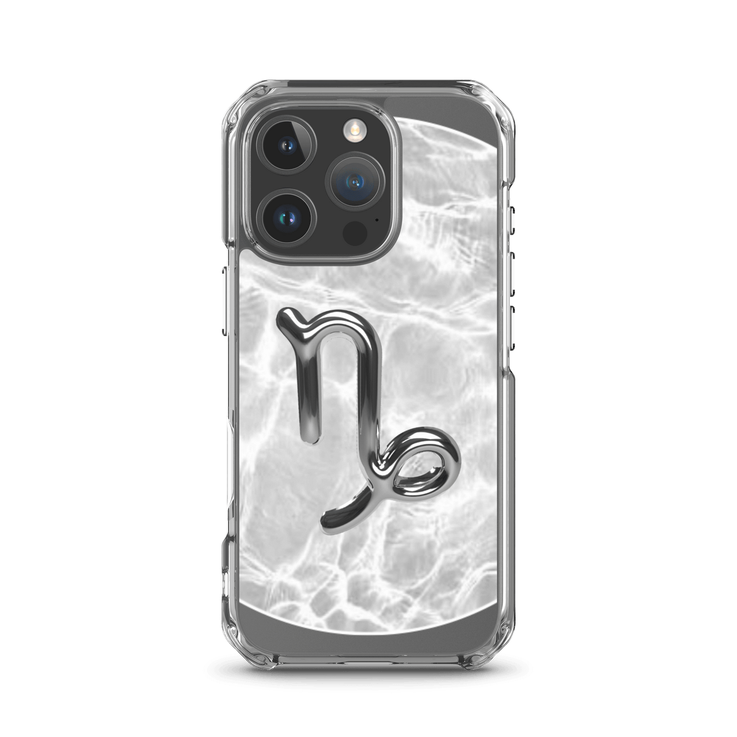 Zodiac Capricorn MagSafe clear iPhone case with marble metallic design, showcasing sleek style and protection.