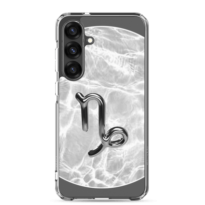 Zodiac Capricorn Samsung phone case with ripple marble design, showcasing a sleek Capricorn symbol and protective features.