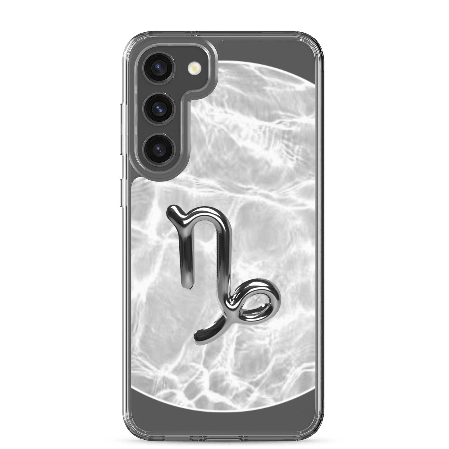 Zodiac Capricorn Samsung phone case with ripple marble design showcasing a glossy Capricorn symbol.