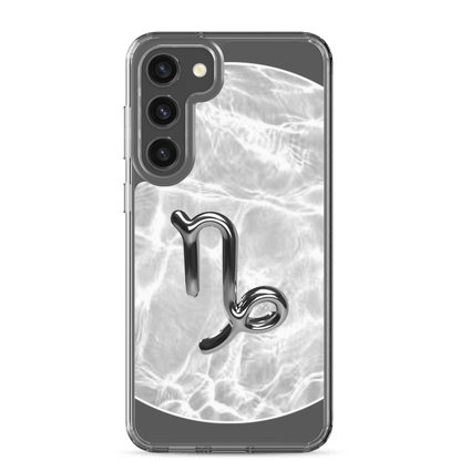 Zodiac Capricorn Samsung phone case with ripple marble design showcasing a glossy Capricorn symbol.