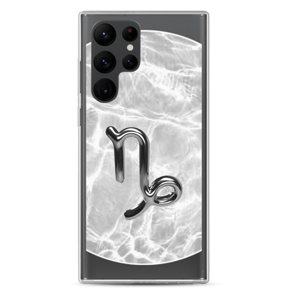 Zodiac Capricorn Samsung Phone Case featuring Ripple Marble design, showcasing a sleek, protective finish in grayscale.
