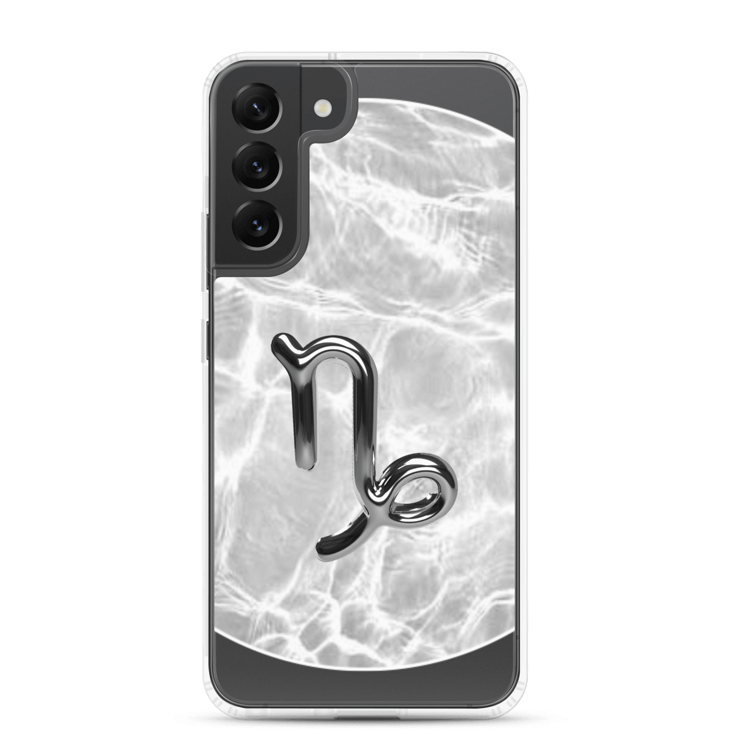 Capricorn Samsung phone case with ripple marble design, showcasing zodiac symbol on a sleek gray and white background.