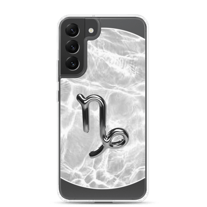 Capricorn Samsung phone case with ripple marble design, showcasing zodiac symbol on a sleek gray and white background.