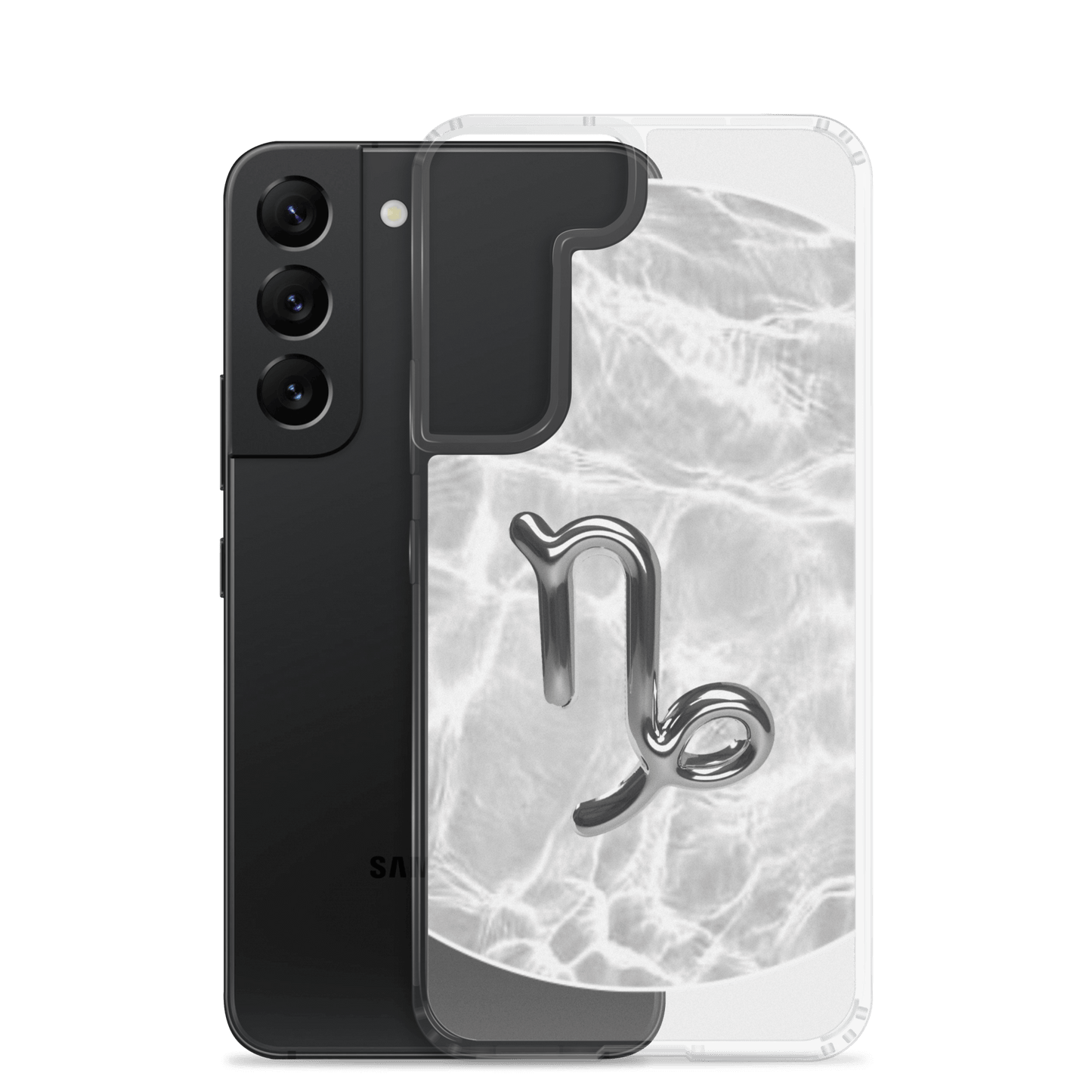 Capricorn Samsung phone case with ripple marble design, showcasing inner strength and elegant grayscale tones.