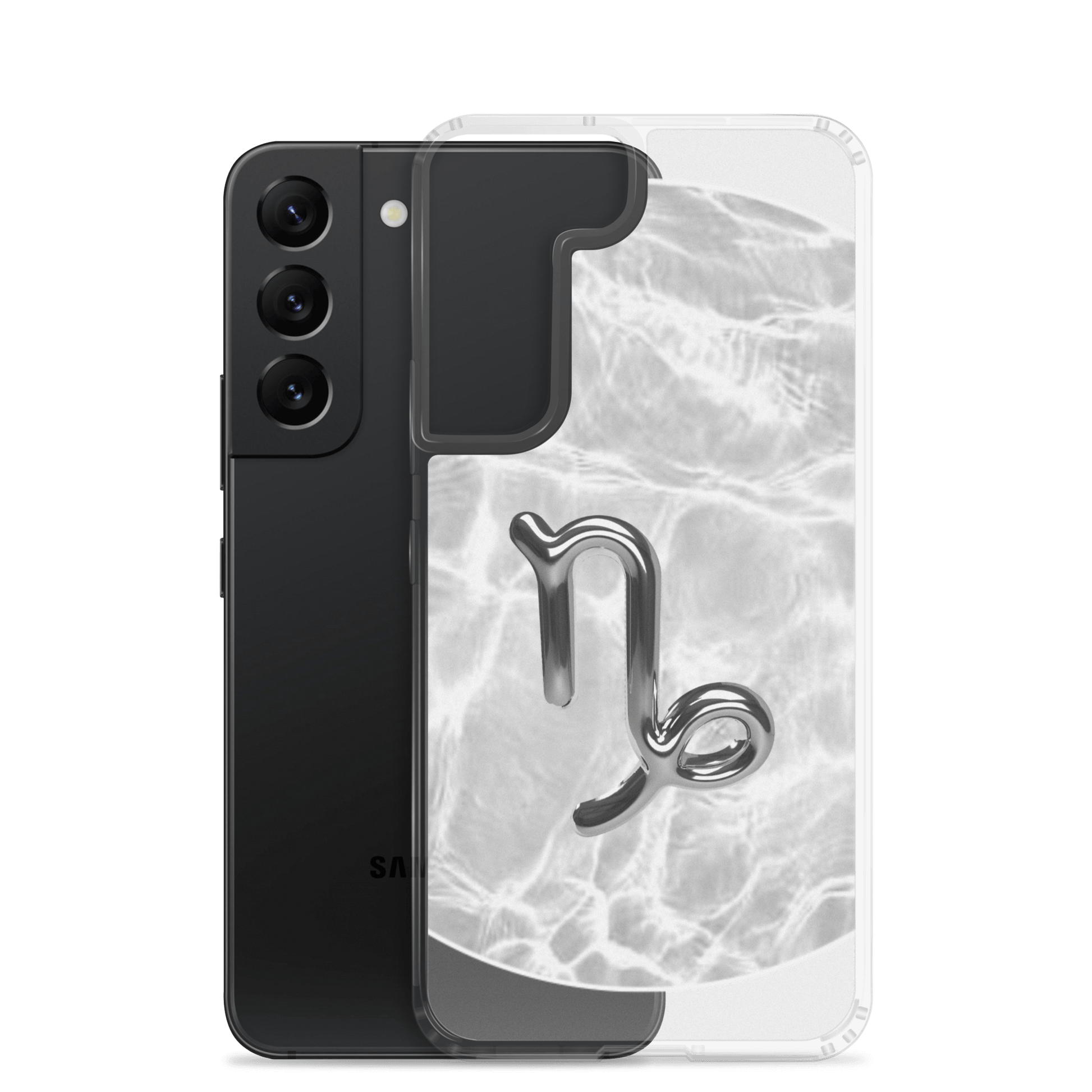 Capricorn Samsung phone case with ripple marble design, showcasing inner strength and elegant grayscale tones.