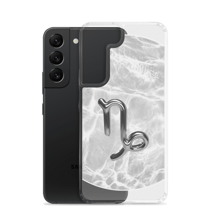 Capricorn Samsung phone case with ripple marble design, showcasing inner strength and elegant grayscale tones.