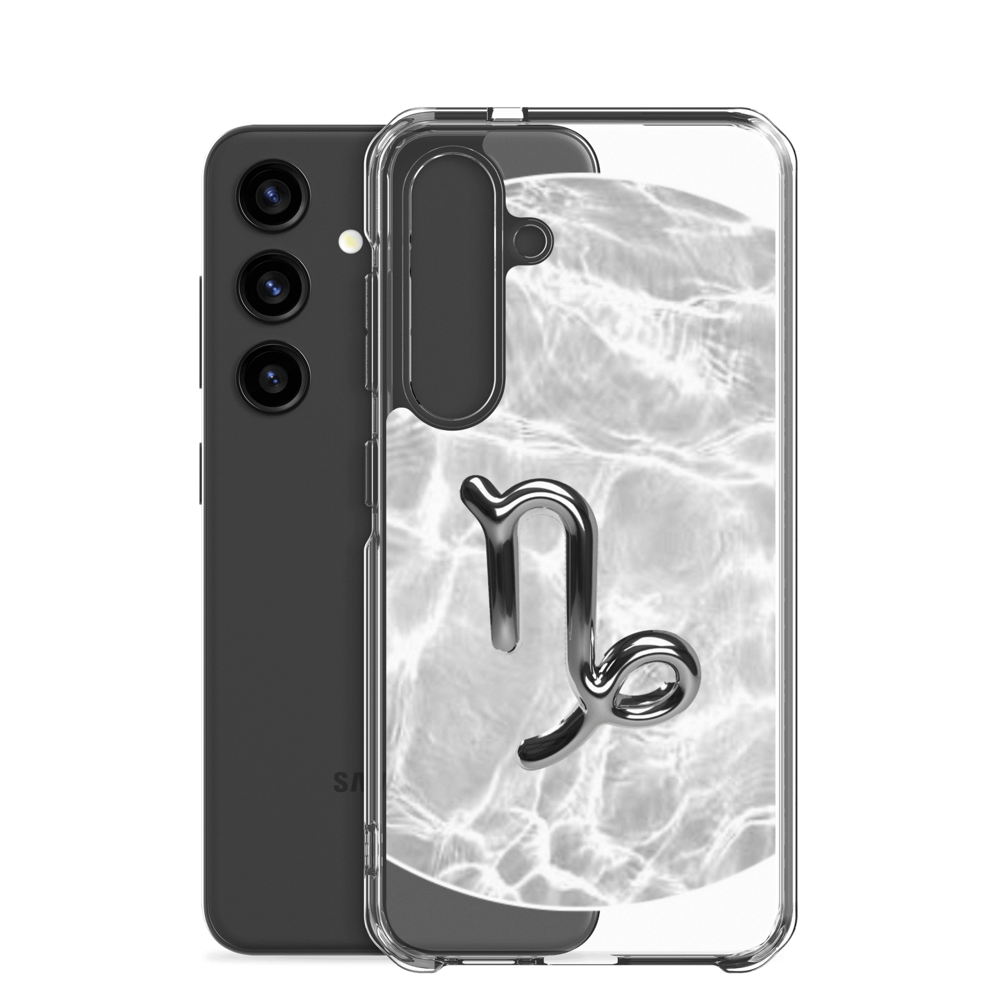 Zodiac Capricorn Samsung phone case with ripple marble design showcasing a sleek polycarbonate back and transparent sides.