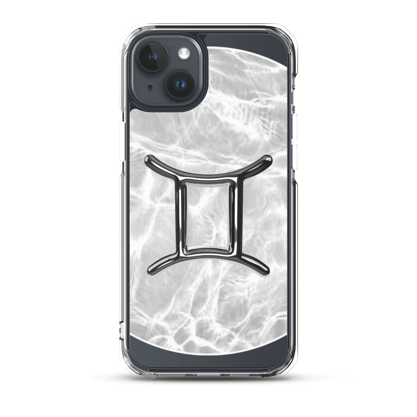 Gemini Magsafe clear iPhone case with metallic design on marble background, stylish and protective.