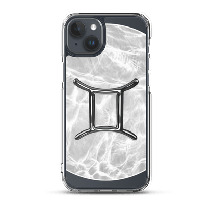 Gemini Magsafe clear iPhone case with metallic design on marble background, stylish and protective.