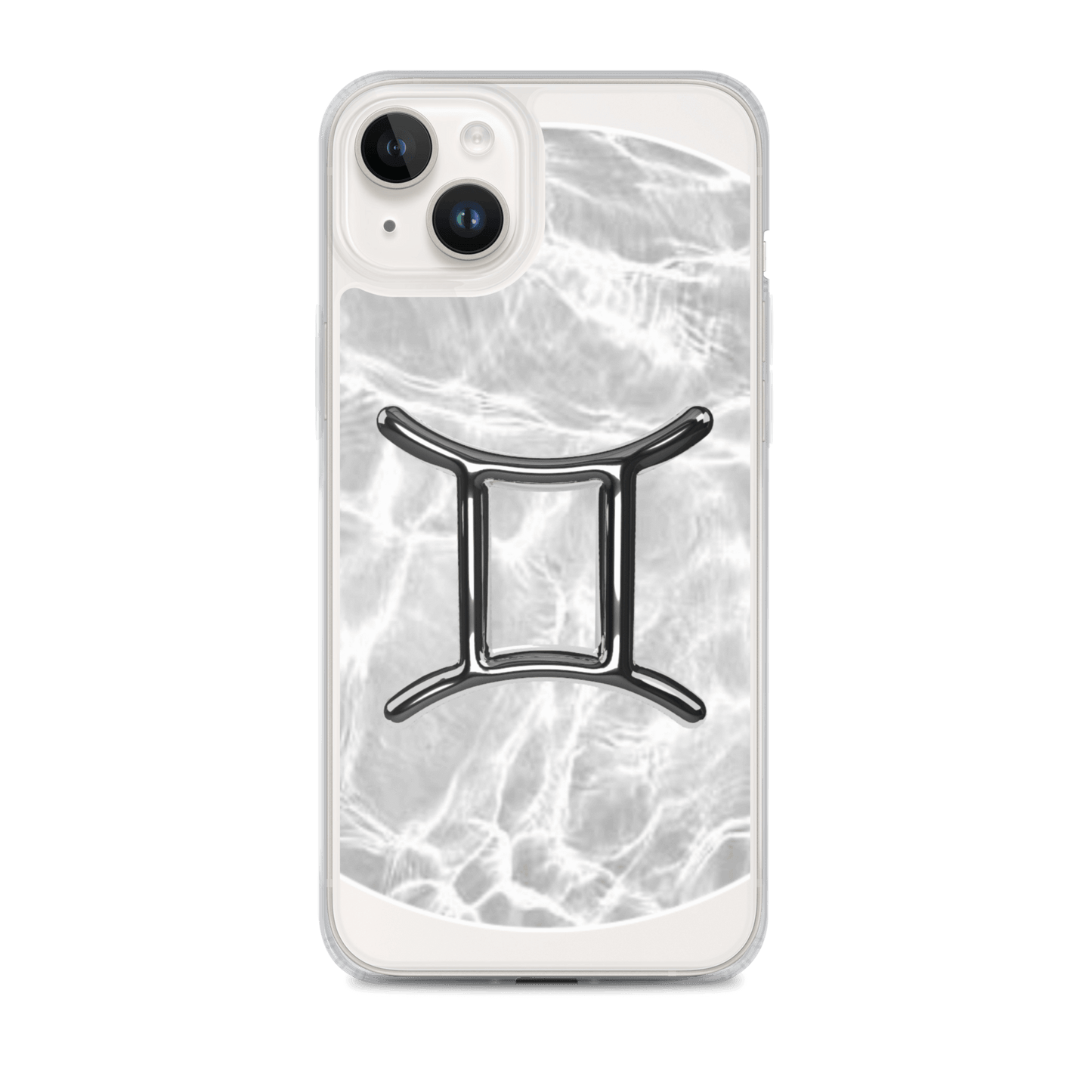 Zodiac Gemini clear iPhone case with metallic design over marble background, offering stylish protection.
