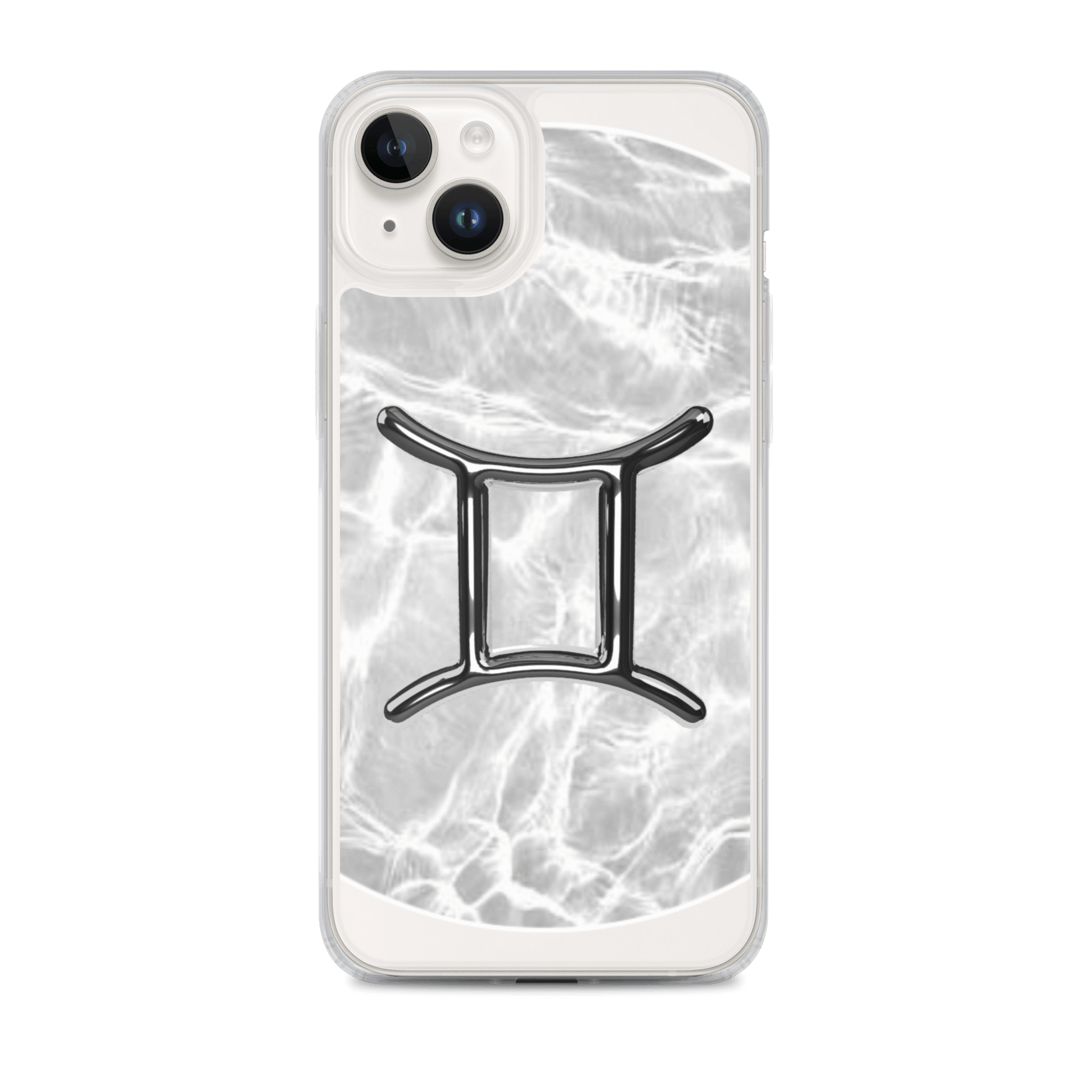 Zodiac Gemini clear iPhone case with metallic design over marble background, offering stylish protection.