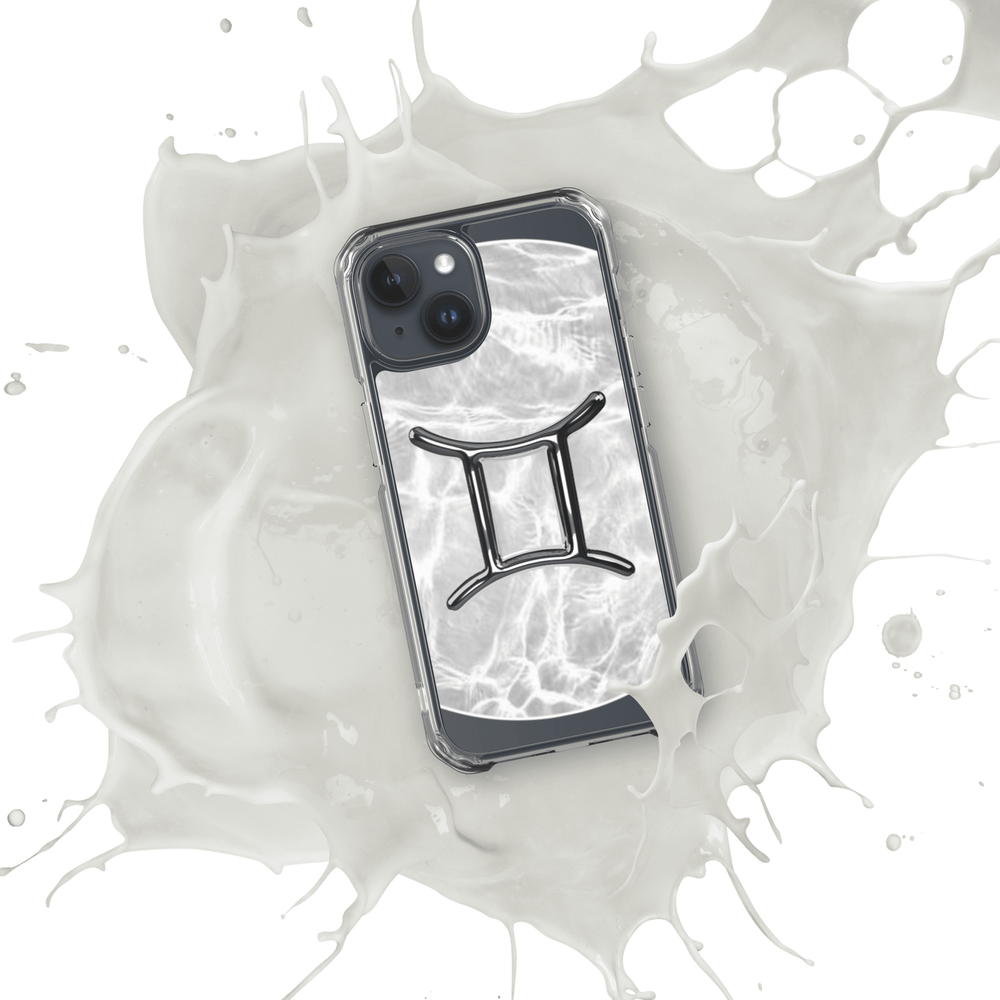 Zodiac Gemini MagSafe clear iPhone case in marble metallic design with splash background.