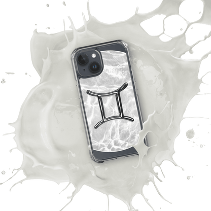Zodiac Gemini MagSafe clear iPhone case in marble metallic design with splash background.