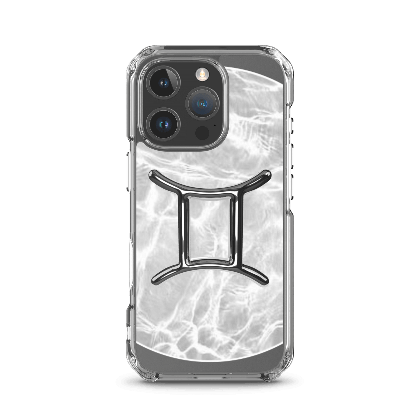 Zodiac Gemini Magsafe clear iPhone case with marble metallic design, showcasing duality and cosmic style.