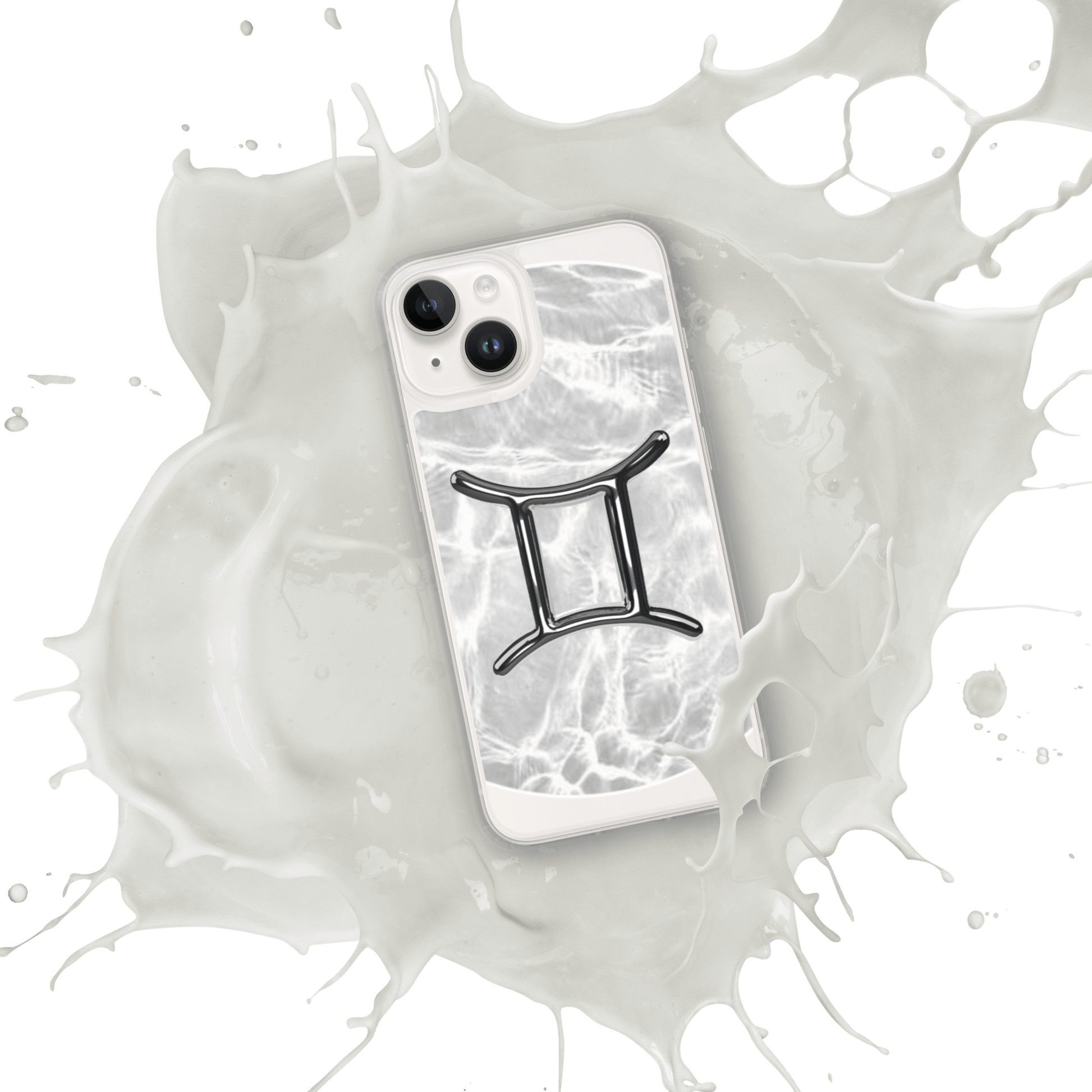 Zodiac Gemini Magsafe clear iPhone case with marble design and metallic symbol, splashed in cosmic style.