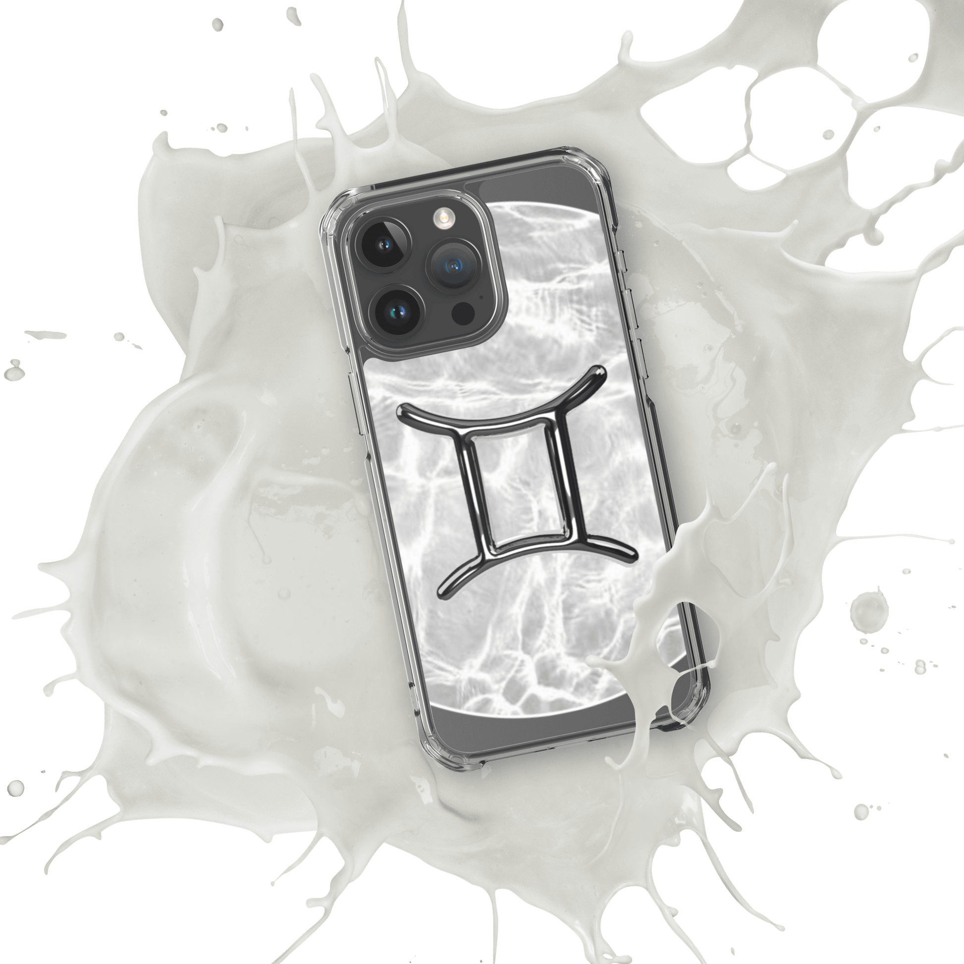 Zodiac Gemini Magsafe clear iPhone case in marble metallic design, splashing in white liquid for a cosmic style.